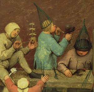 ألعاب الأطفال (Kinderspiele): تفاصيل القسم الأيسر الذي يظهر الأطفال يصنعون الألعاب وفاخرات النفخ ، 1560 (تفاصيل 68945) بواسطة بيتر بروغل الأكبر